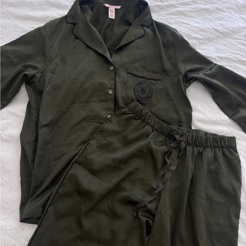 Victoria’s secret Olive Satin Pajama Set with Logo Patch